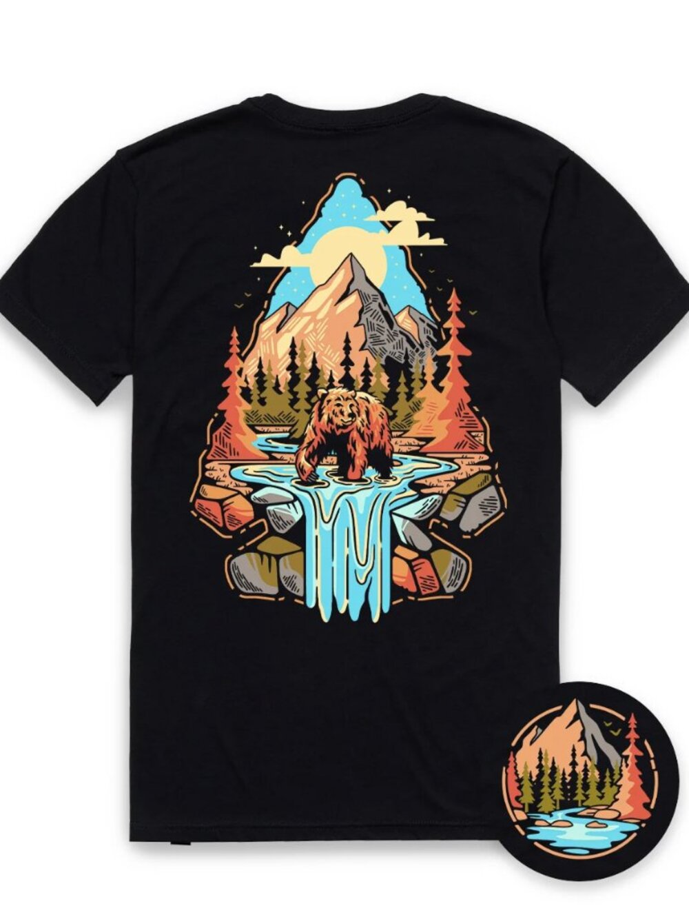 Black Bear Mountain Waterfall Graphic Tee Wilderness Nature Art Shirt